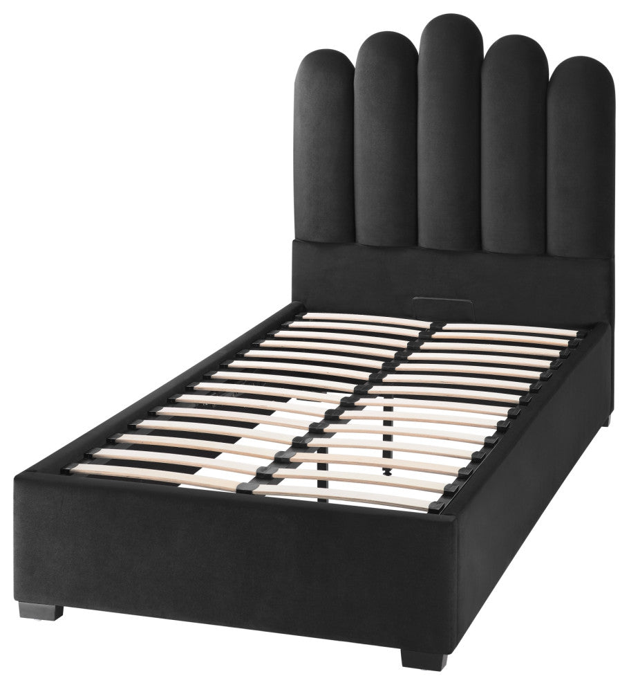 Inspired Home Monty Bed, Velvet Upholstered Scalloped Headboard, Black, Twin Xl