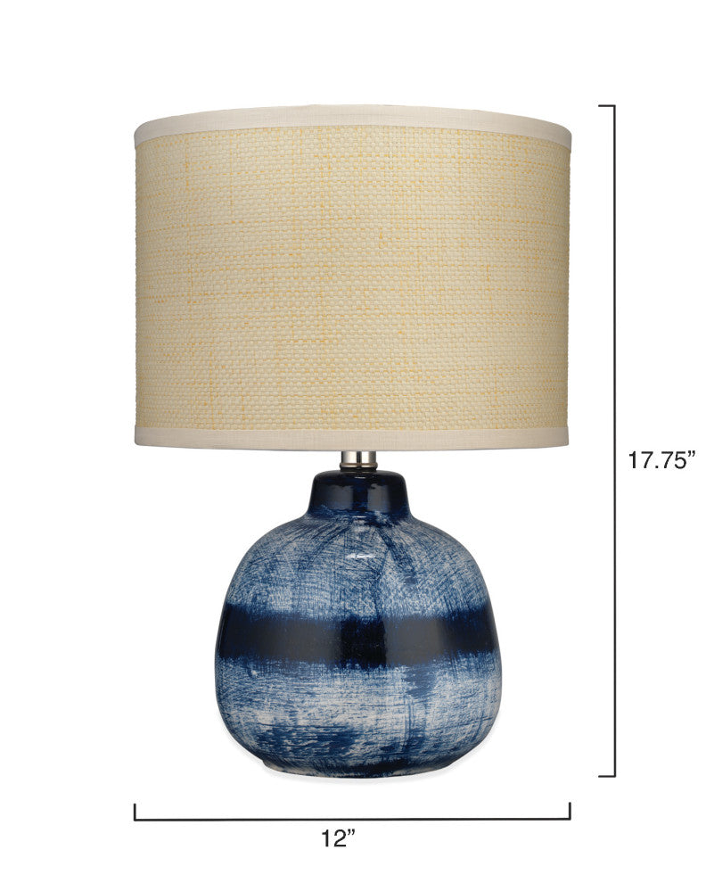 Small Batik Table Lamp, Indigo Ceramic With Small Drum Shade, Raffia