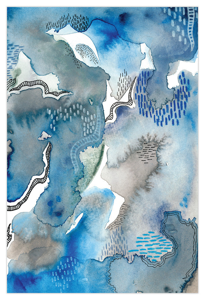 Blue Abstract Wall Art Printed on Frameless Free Floating Tempered Glass Panel
