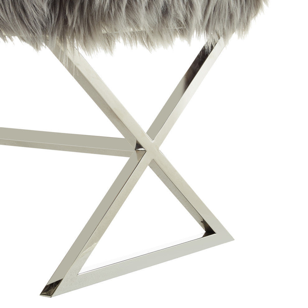 Oria Faux Fur X-Leg Base Bench, Gray and Chrome