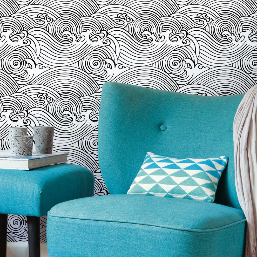 Black & White Asian Waves Peel & Stick Wallpaper