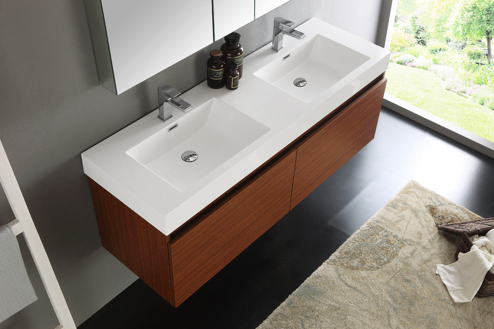 Mezzo 60" Teak Wall Hung Double Sink Modern Bathroom Vanity, FFT9151CH