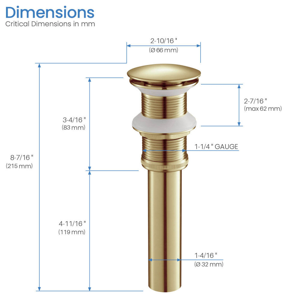 Pop Up Drain Stopper Full Cover Without Overflow, KPW103, Brushed Gold