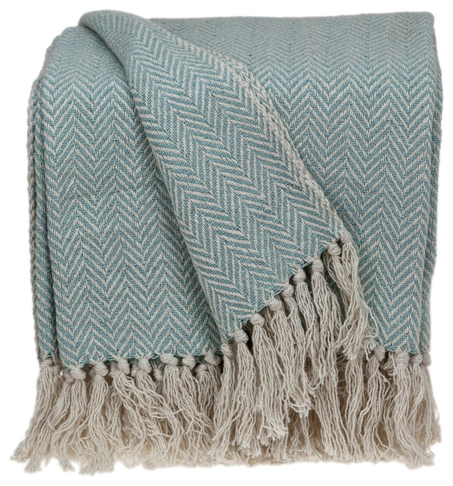 Handloomed Pale Aqua Cotton Throw Blanket With Tassels