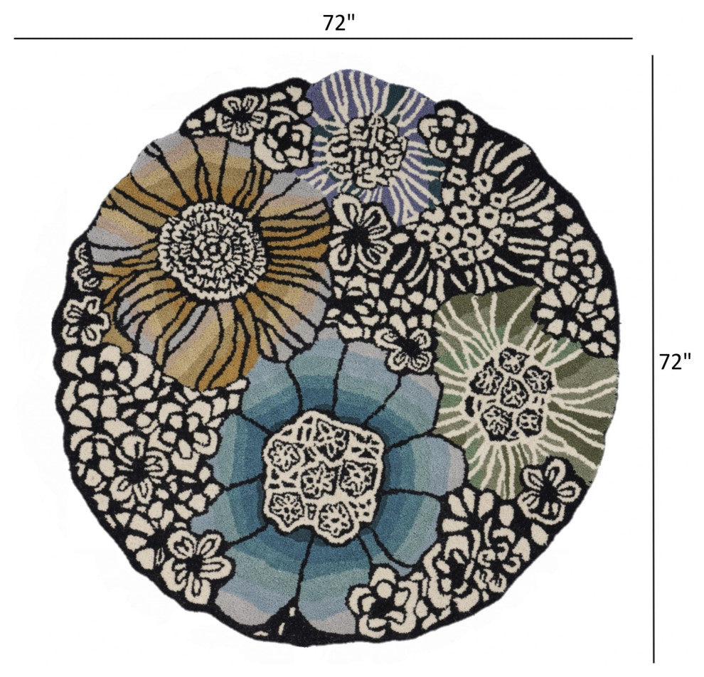 6" Round Blue and Black Floral Area Rug