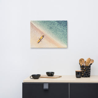 Yellow Canoe and Blue Sea by with Soft Violet Effect Canvas Wall Art Prints, 18" X 24"