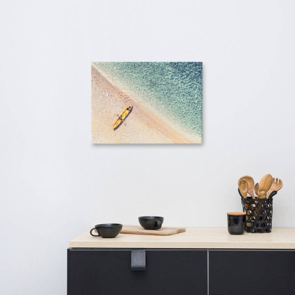 Yellow Canoe and Blue Sea by with Soft Violet Effect Canvas Wall Art Prints, 18" X 24"