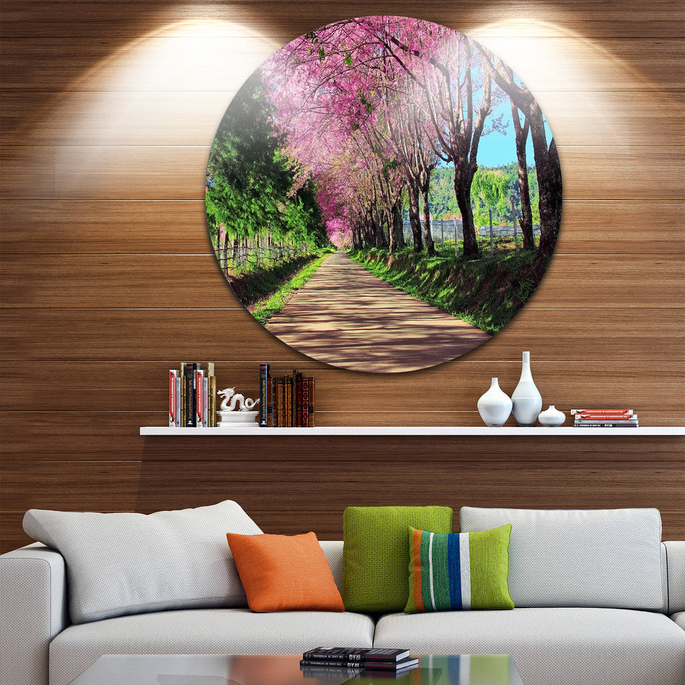 Cherry Blossom Pathway In Chiang Mai, Landscape Round Wall Art, 36"