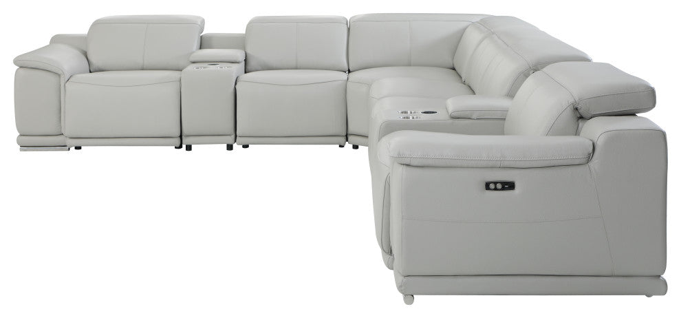 Federico 8-Piece L-Shaped Top Grain Italian Leather Sectional-4 Power Recliners, Light Gray