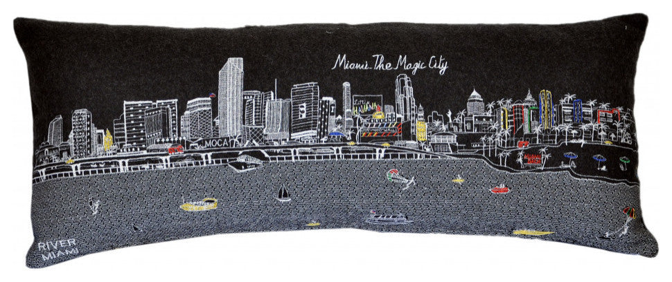 35" Black Miami Nighttime Skyline Lumbar Decorative Pillow