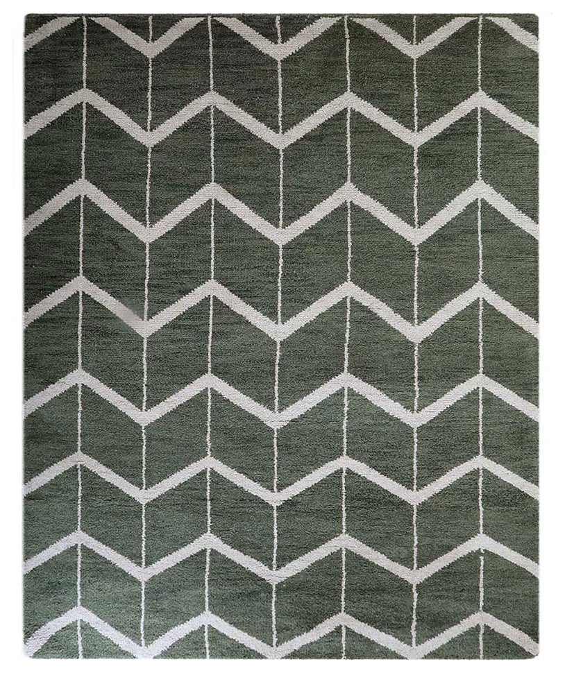 Hand Knotted Wool Area Rug Geometric Green Beige