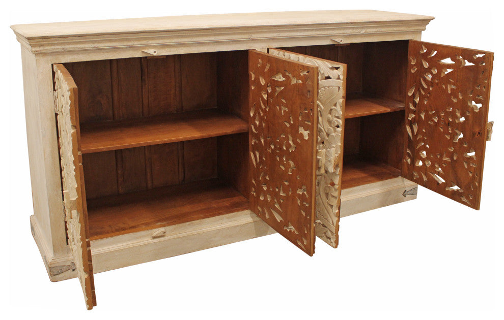 Carter Flores 4-Door Sideboard, Distressed White Finish on Mango Solid Wood