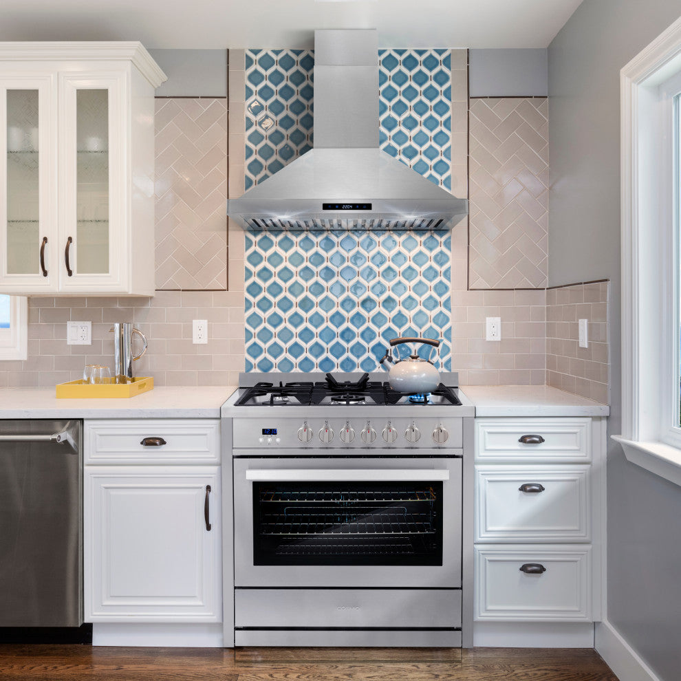 4-Piece, 36" Gas Range, 36" Range Hood, 24" Dishwasher and Refrigerator