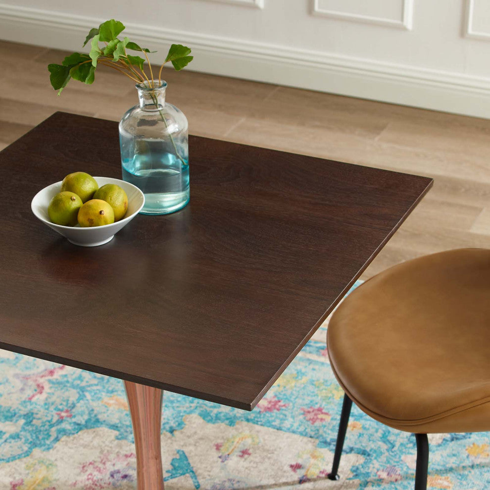 Dining Table, Square, Wood, Rose Gold Dark Brown Brown Walnut, Modern, Bistro