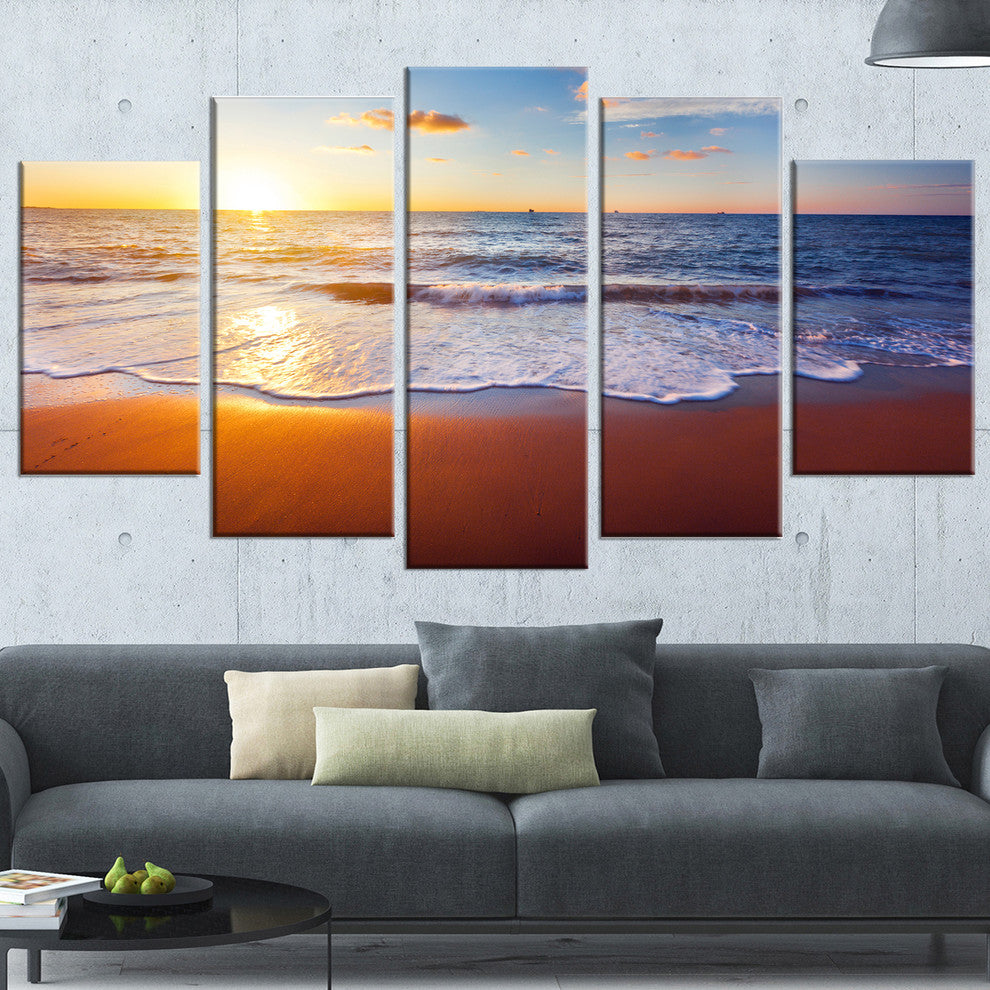 "Stunning Blue Waves And Brown Sand" Beach Canvas Wall Art, 5 Panels, 60"x32"