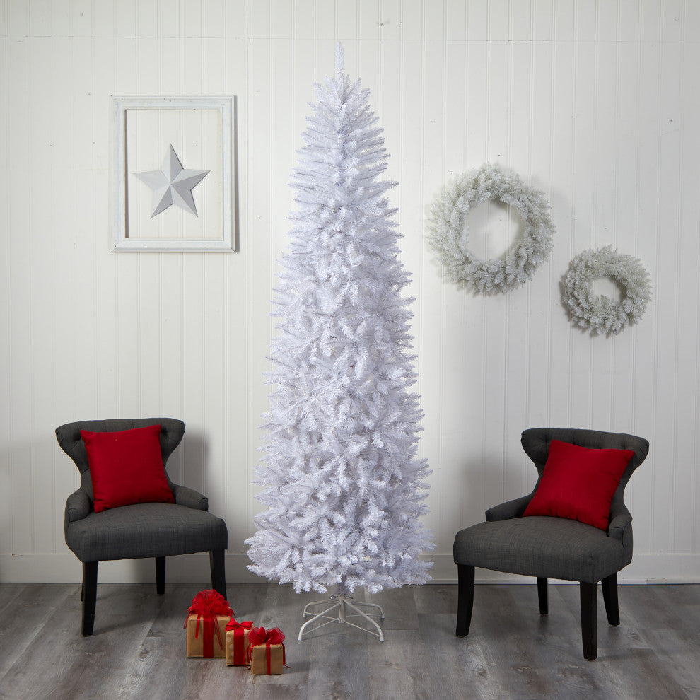8' Slim White Faux Xmas Tree W/400 Warm White Lights & 1348 Bendable Branches
