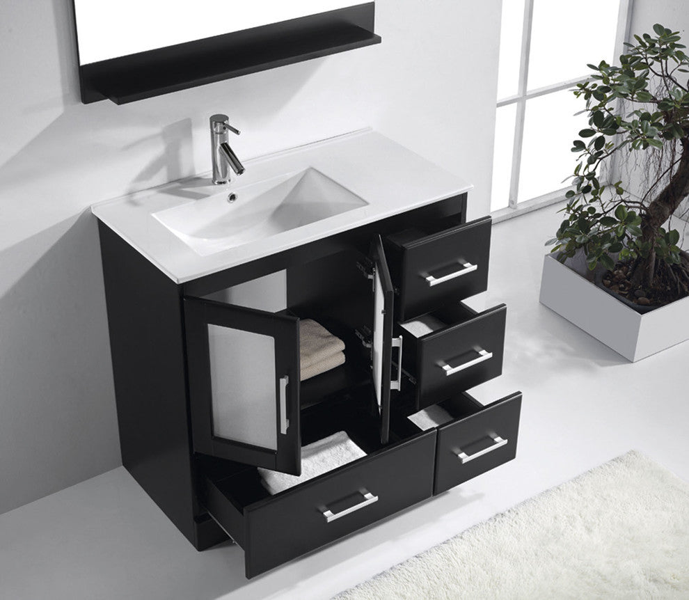 Virtu Zola 36" Single Bathroom Vanity, Espresso, Polished Chrome Faucet, Mirror