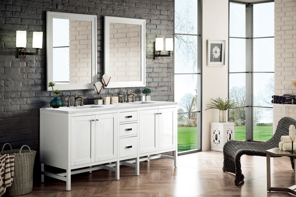 Addison 72" Double Vanity Cabinet, Glossy White, Ethereal Noctis, Three-Hole