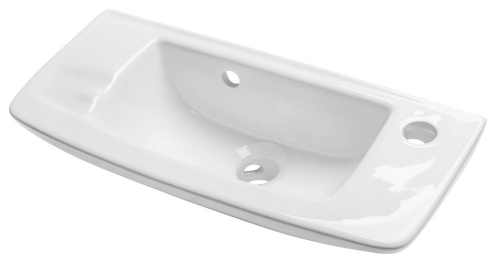 White Rectangular Wall Mount Bathroom Vessel Sink With Overflow and Faucet Holes