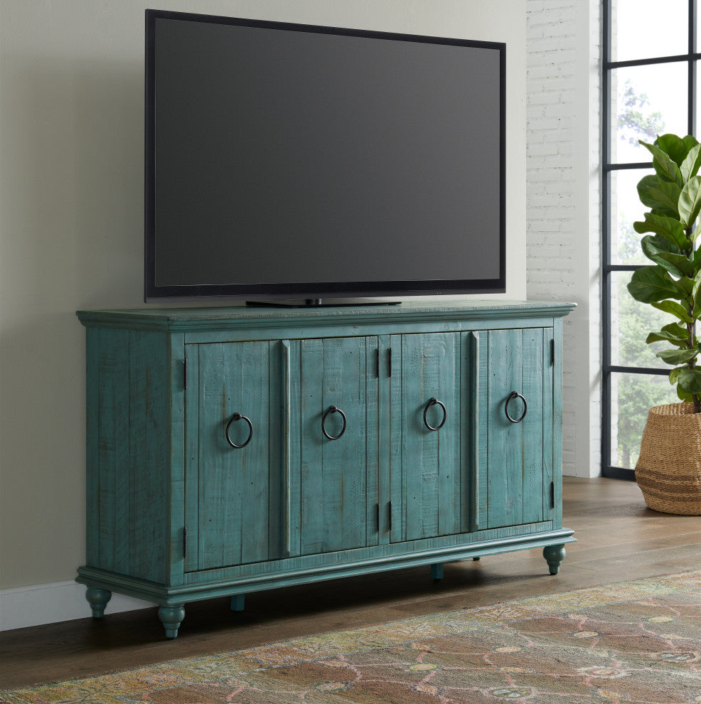 Garden District Solid Wood TV Stand, Rustic Turquoise