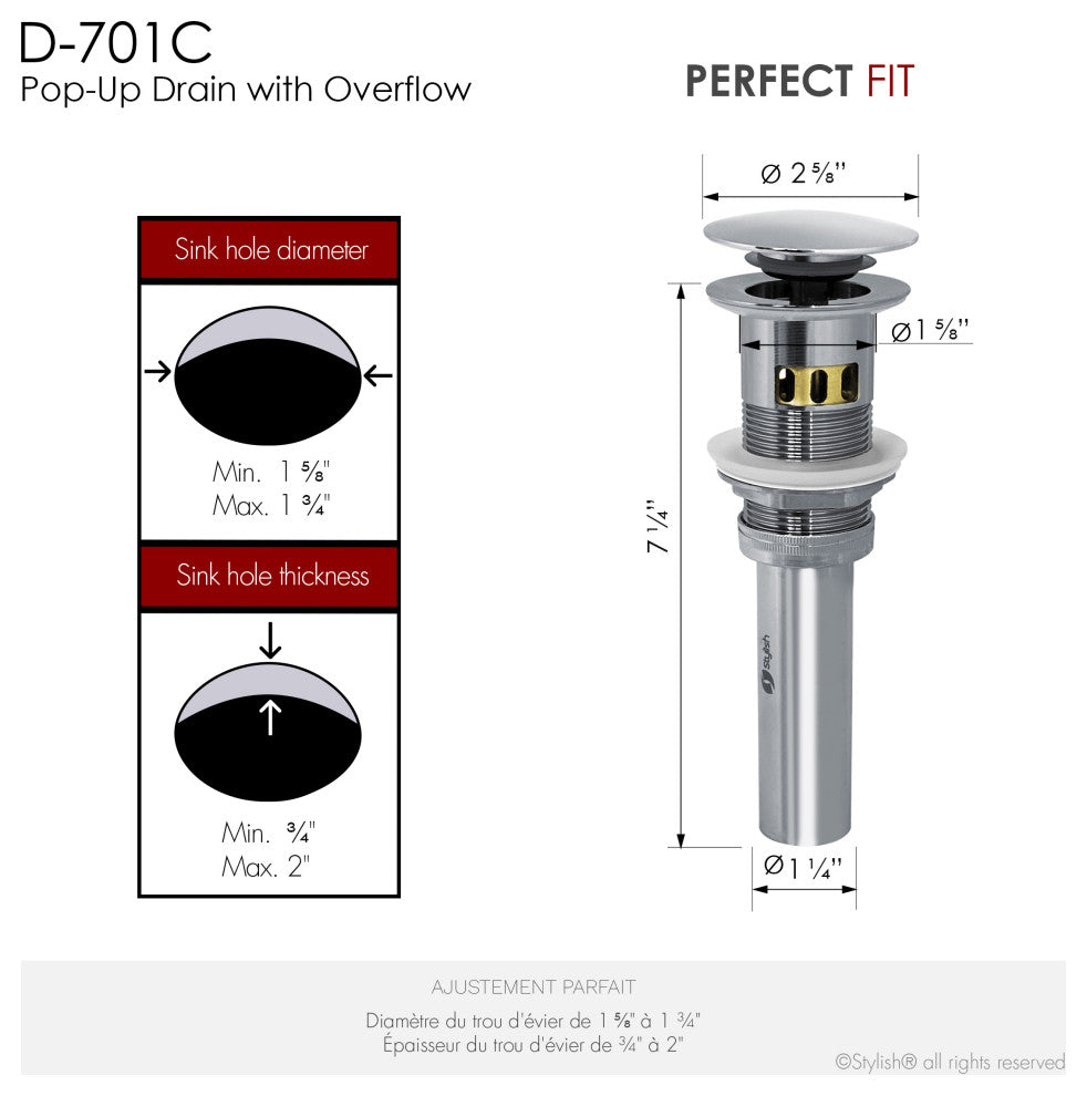 STYLISH Polished Chrome Pop-Up Bathroom Sink with Overflow Set of Two