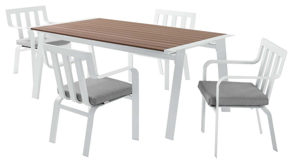 Side Dining Chair and Table Set, Aluminum, Metal, White Gray, Outdoor