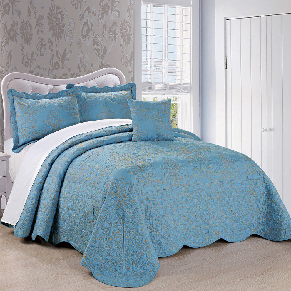 Damask Embroidered Quilted 4 Piece Bed Spread Sets, Forget Me Not, Queen