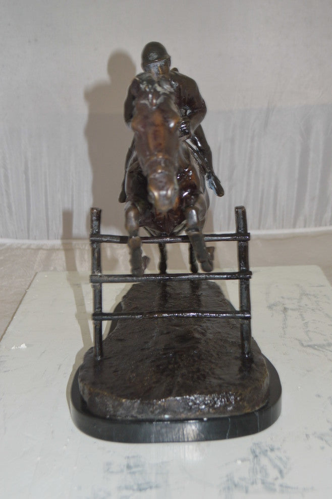 Jockey With Horse Jumping Over Hurdle Bronze Statue Medium  23"L x 10"W x 16"H