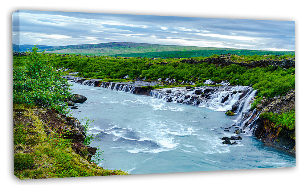 Hraunfossar Waterfall Iceland, Modern Landscape Canvas Art, 32"x16"