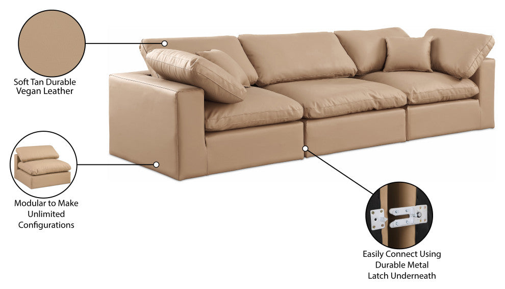 Comfy Upholstered Modular Sofa, Tan, 3-Piece: 1 Armless Chair, 2 Corner Chair, Vegan Leather