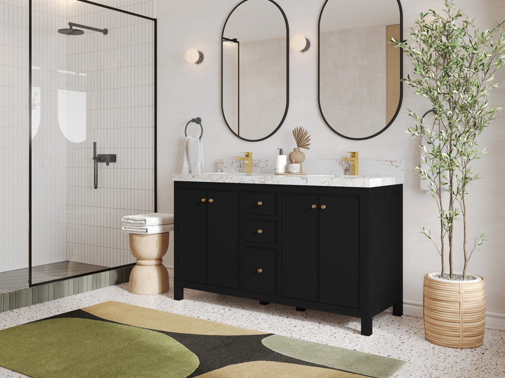 Chicago 60" Double Sink Bathroom Vanity, Black 2" Viola Night