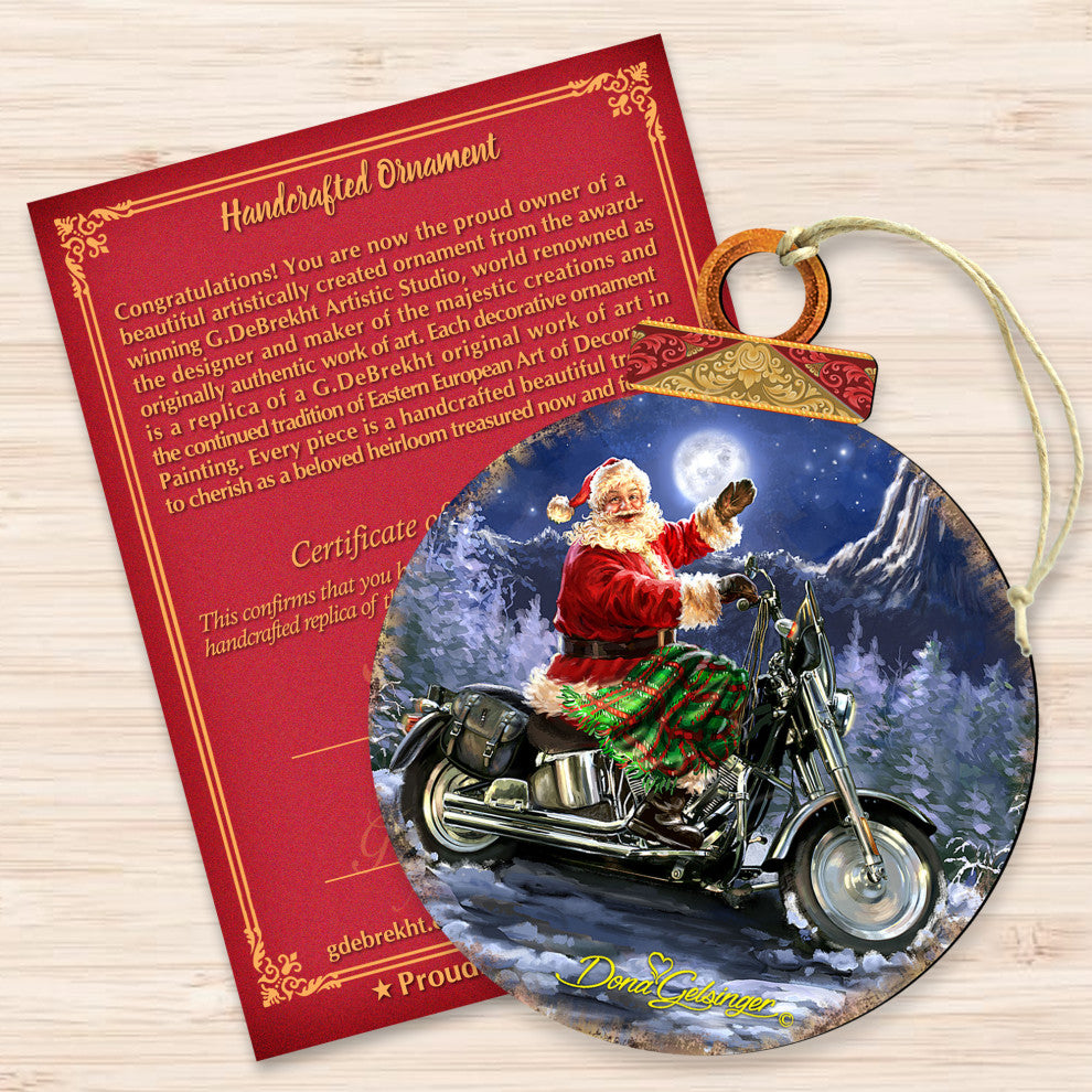 Santa Motorcycle Rider Wooden Ornament by Dona Gelsinger