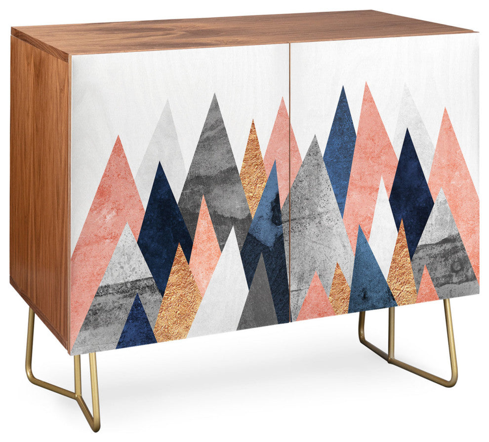 Deny Designs Pink and Navy Peaks Credenza, Walnut, Gold Steel Legs