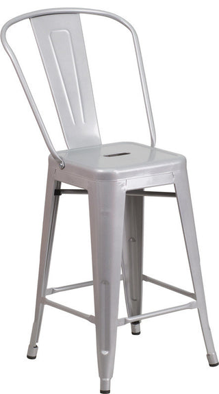 24" High Silver Metal Indoor-Outdoor Counter Stool With Back