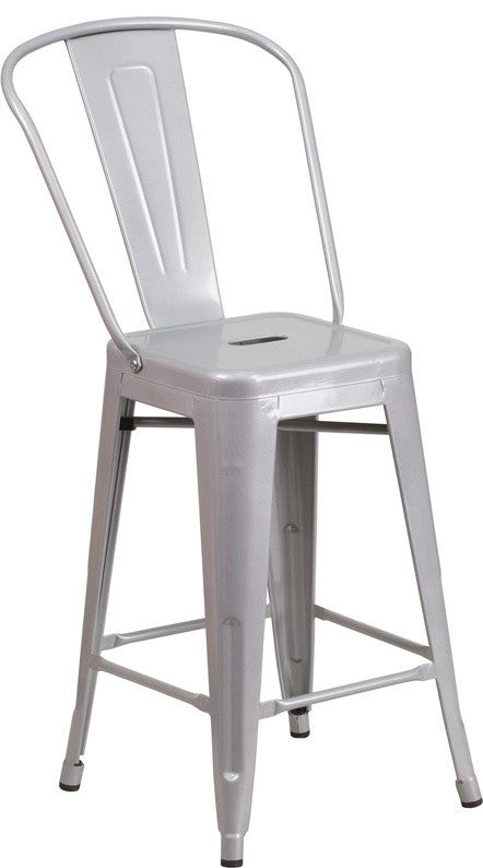 24" High Silver Metal Indoor-Outdoor Counter Stool With Back