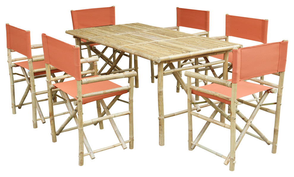 Set of Bamboo Rectangular Table, 6 Director Chair, Pottery