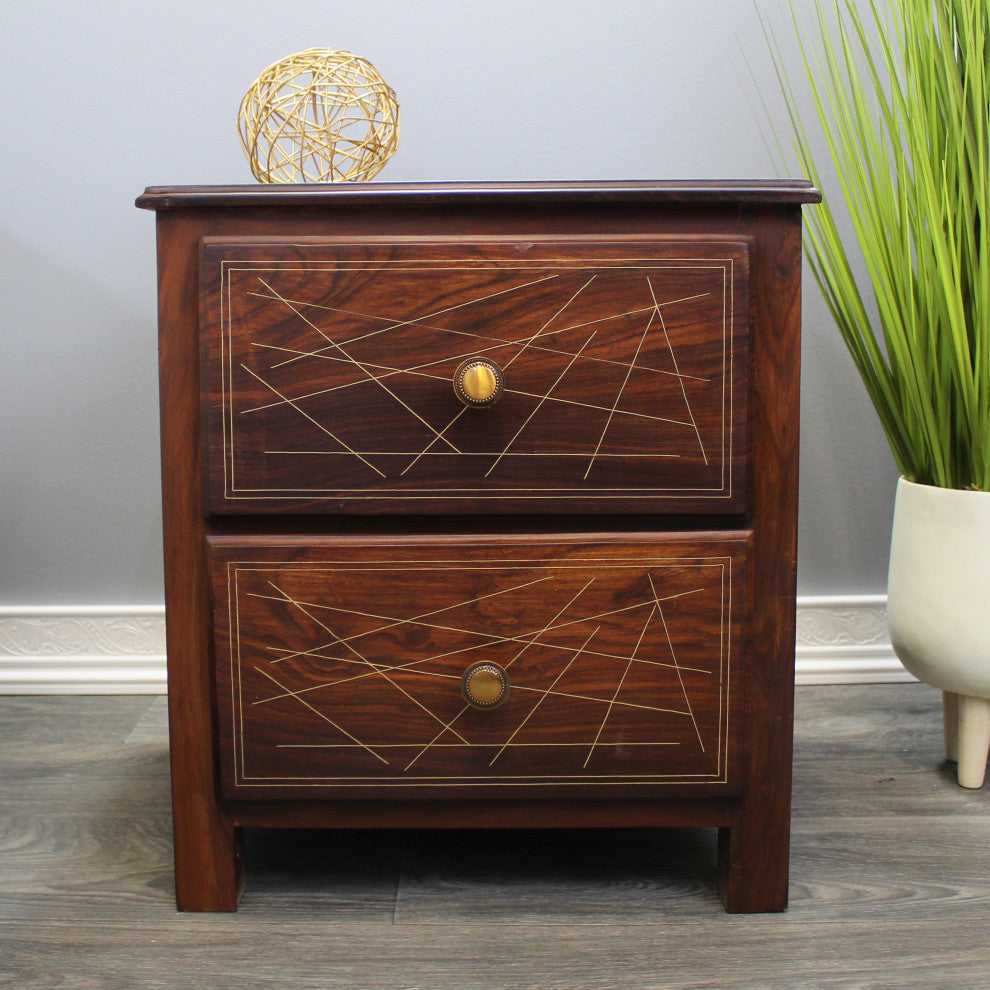 Natural Geo Rosewood Square End Table Abstract Golden Brass Inlay