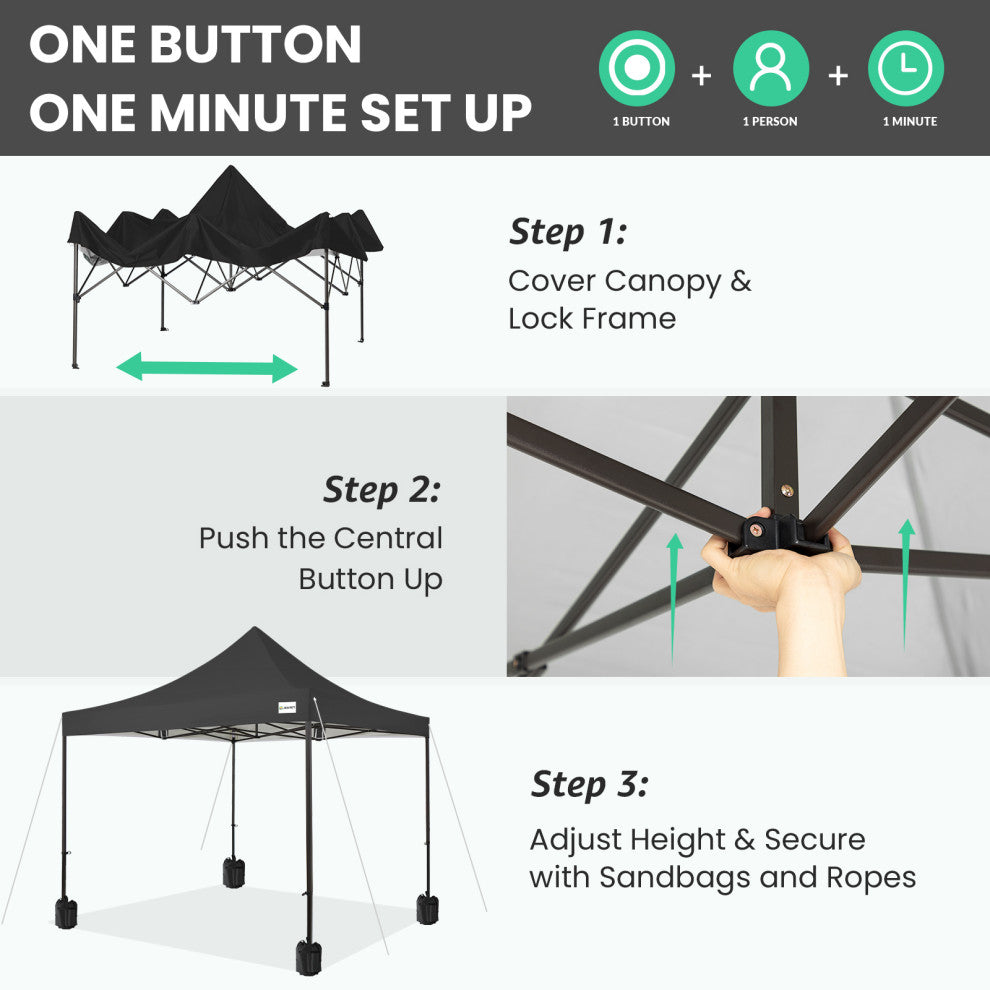 JEAREY Pop Up Canopy Tent, Outdoor Canopy, 4 Sand Bags, Black, 10x10ft