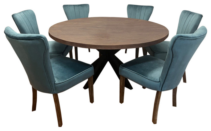 Felix 7-Piece Dining Set With 60" Round Dining Table and 6 Teal Velvet Chairs