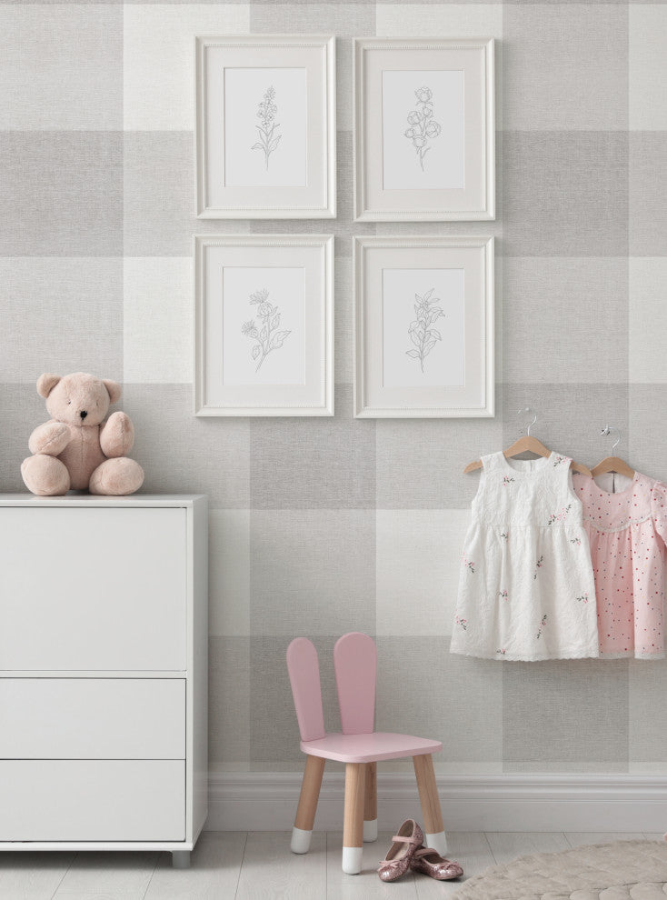 Checkered Fabric Look Large Peel and Stick Vinyl Wallpaper, Gray, 24" X 60"
