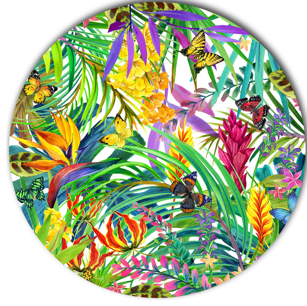 Tropical Leaves And Flowers, Floral Large Disc Metal Wall Art, 23"