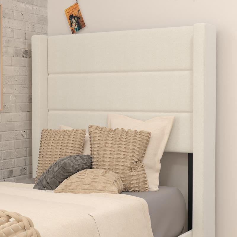 Hollis Upholstered Platform Bed with Wingback Headboard w/Mattress Foundation, Beige, Twin