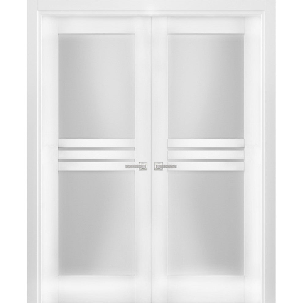 Interior French Double Doors Opaque Glass 4 Lites / Mela 7222 White Silk /64x80