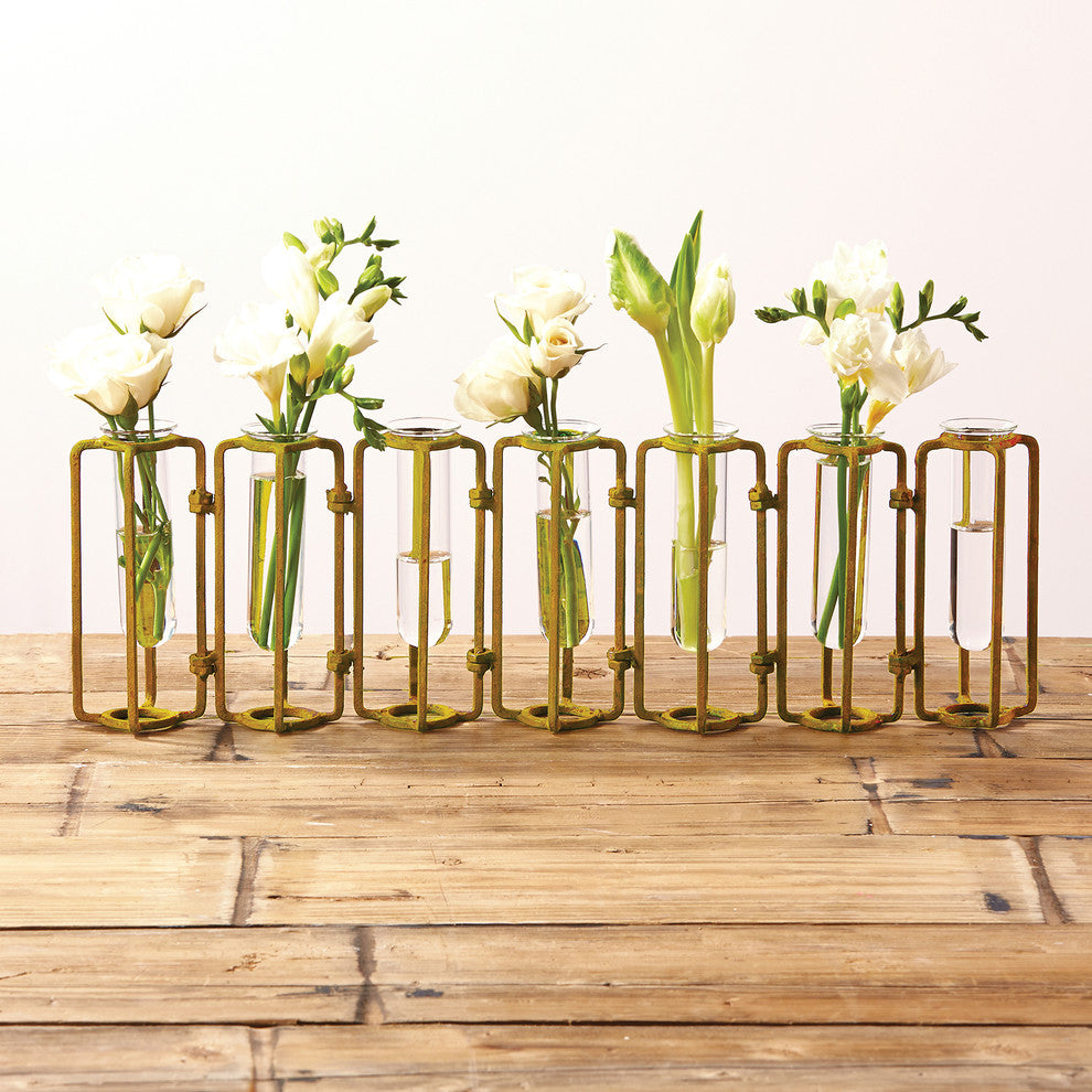 Tozai Lavoisier Set of 7 Small Hinged Flower Vases With Antiqued Gold Finish