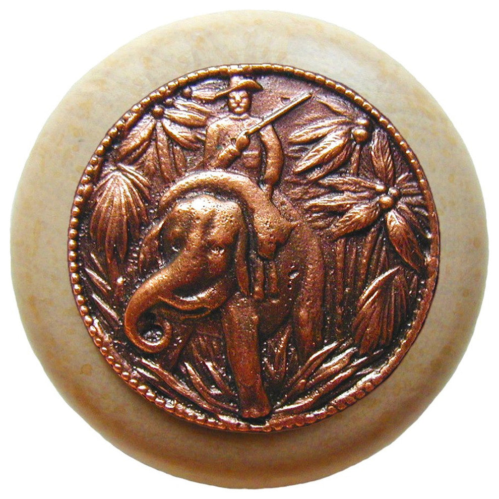 Jungle Patrol Wood Knob, Antique Brass, Natural Wood Finish, Antique Copper