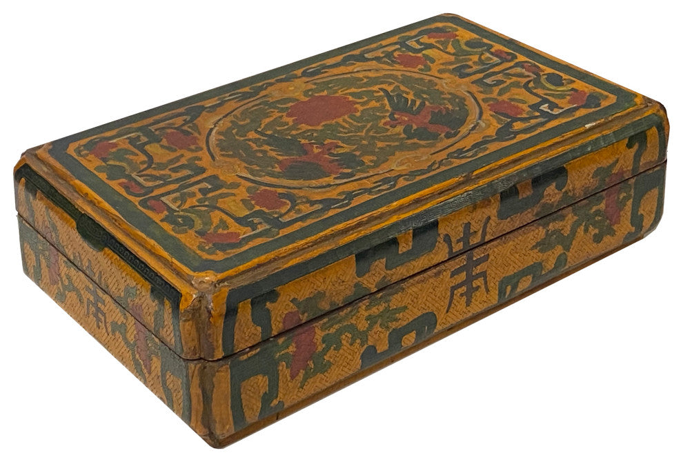 Chinese Distressed Yellow Phoenix Graphic Rectangular Shape Box Hws1993