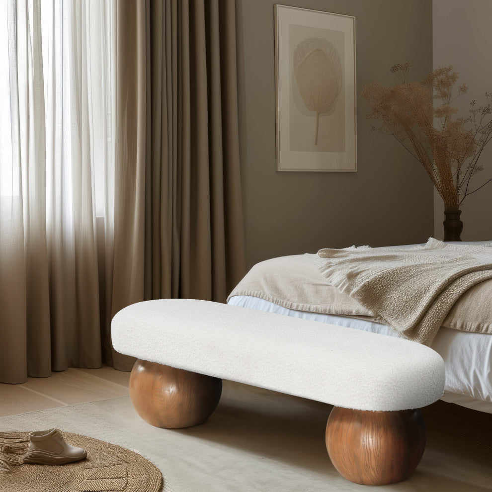 Meridian Furniture Bowie Boucle Fabric Upholstered Bench, Cream, Brown Finish