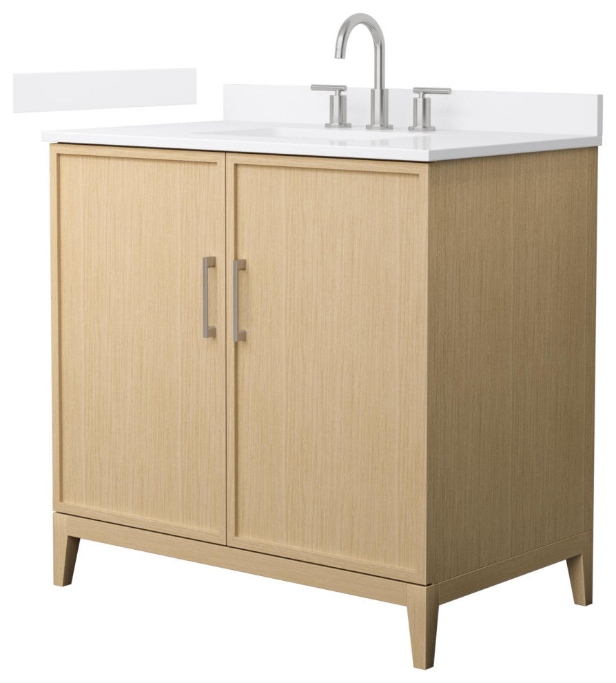 Elan 36" Single Vanity, White Oak, White Quartz Top, 3-Hole, Nickel Trim