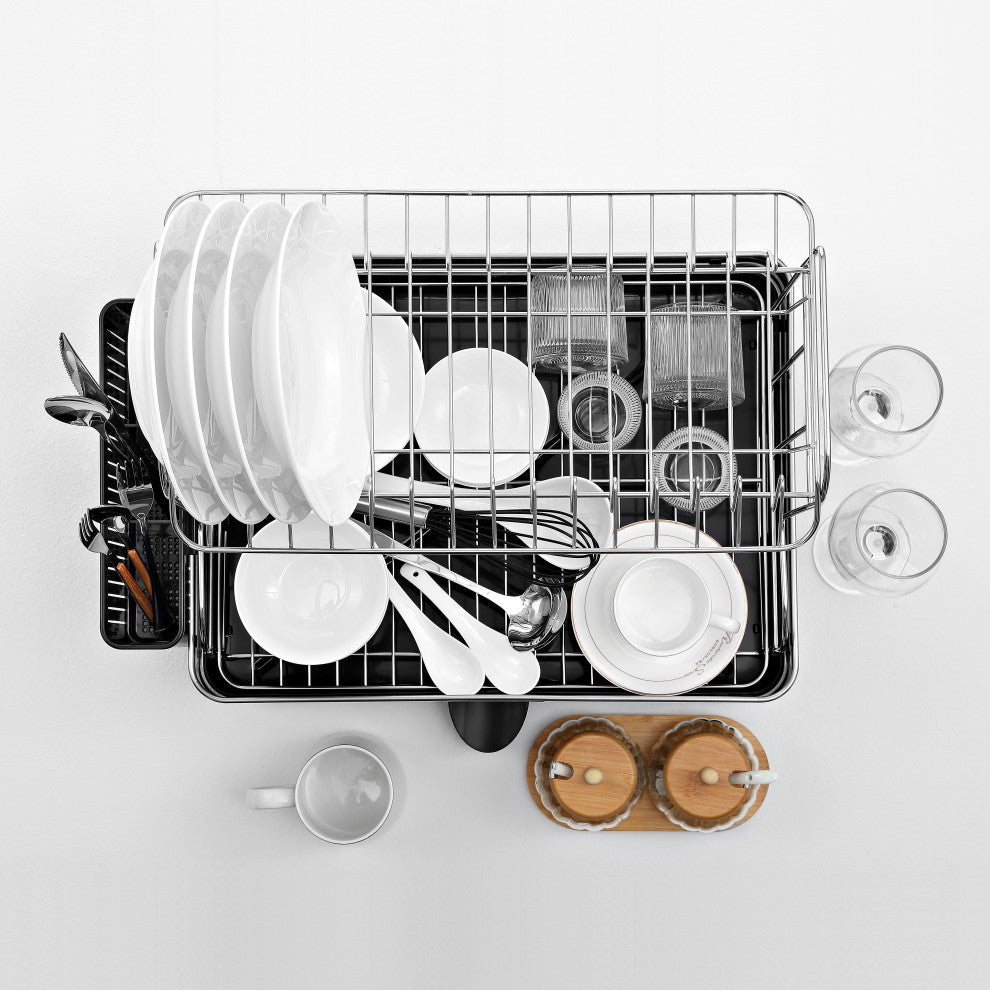Palazzo 20.75" Stainless 2-Tier Dish Rack With Swivel Spout Tray, Steel/Black