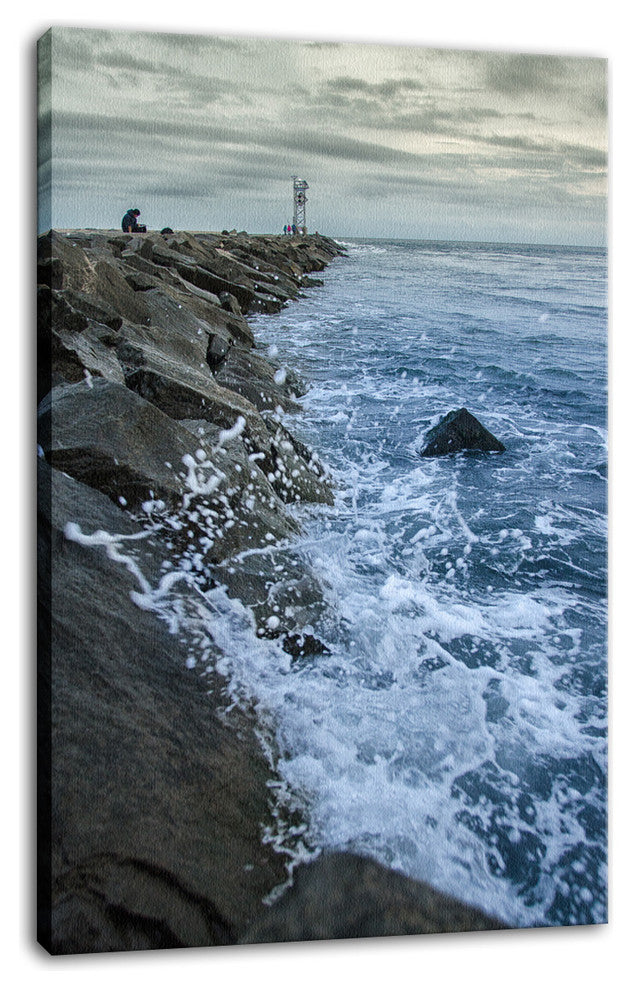 Splashing on the Jetty Coastal Landscape Photo Canvas Wall Art Print, 16" X 20"